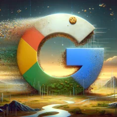 Dall·e 2024 03 20 12.37.52 A Landscape Oriented Symbolic Image, Centered Around A Large, Stylized G Resembling The Google Logo, Incorporating A Digital Cookie Element To Depic Google Phasing Out Third-Party Cookies Vizion Interactive